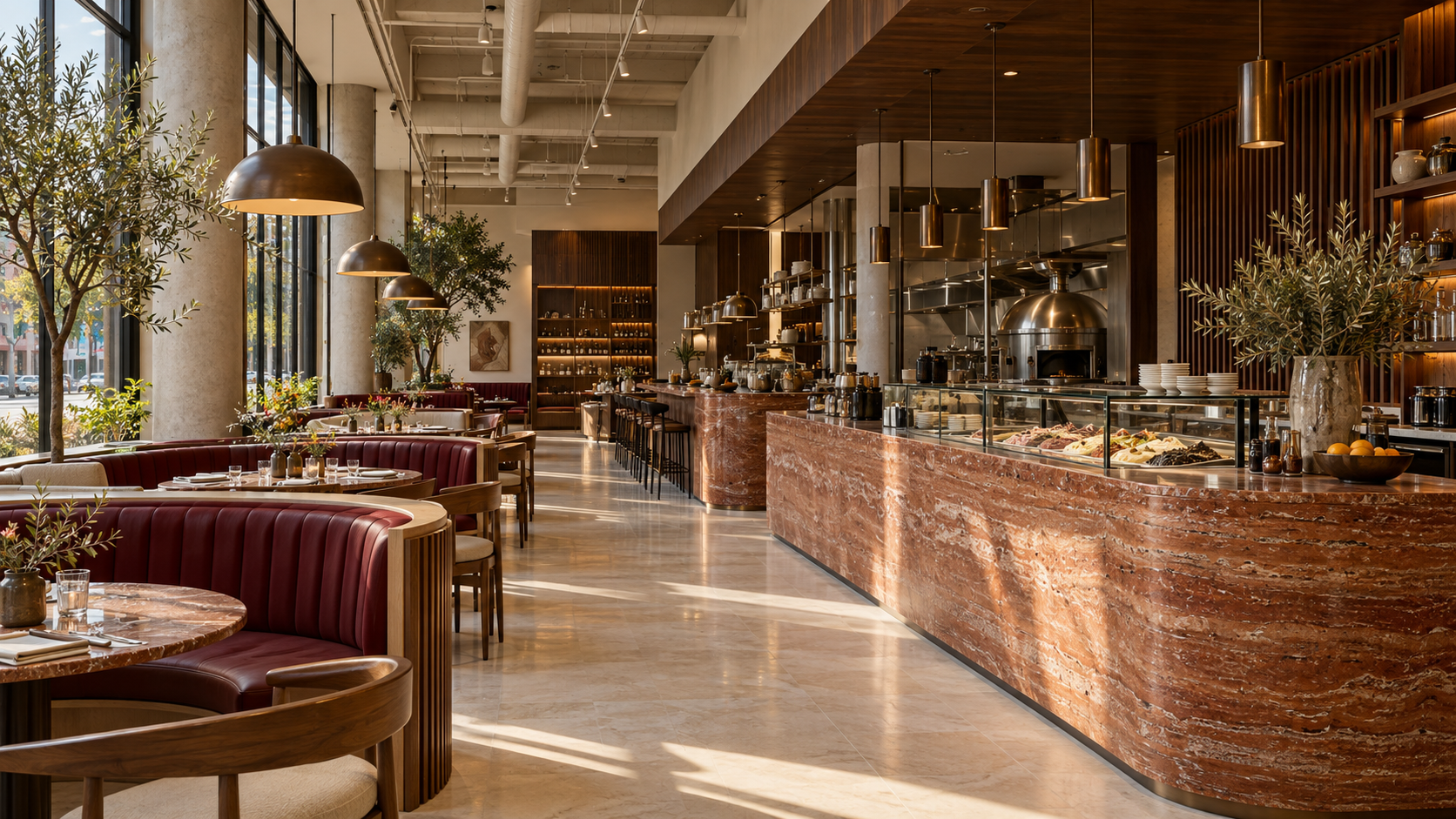 Contemporary restaurant interior with crafted stone counters, timber millwork and warm lighting