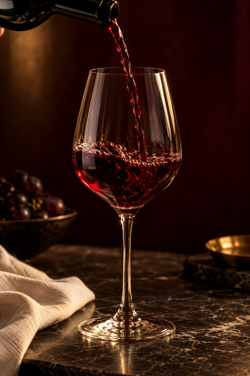 Illustrative ruby wine being poured into a crystal glass