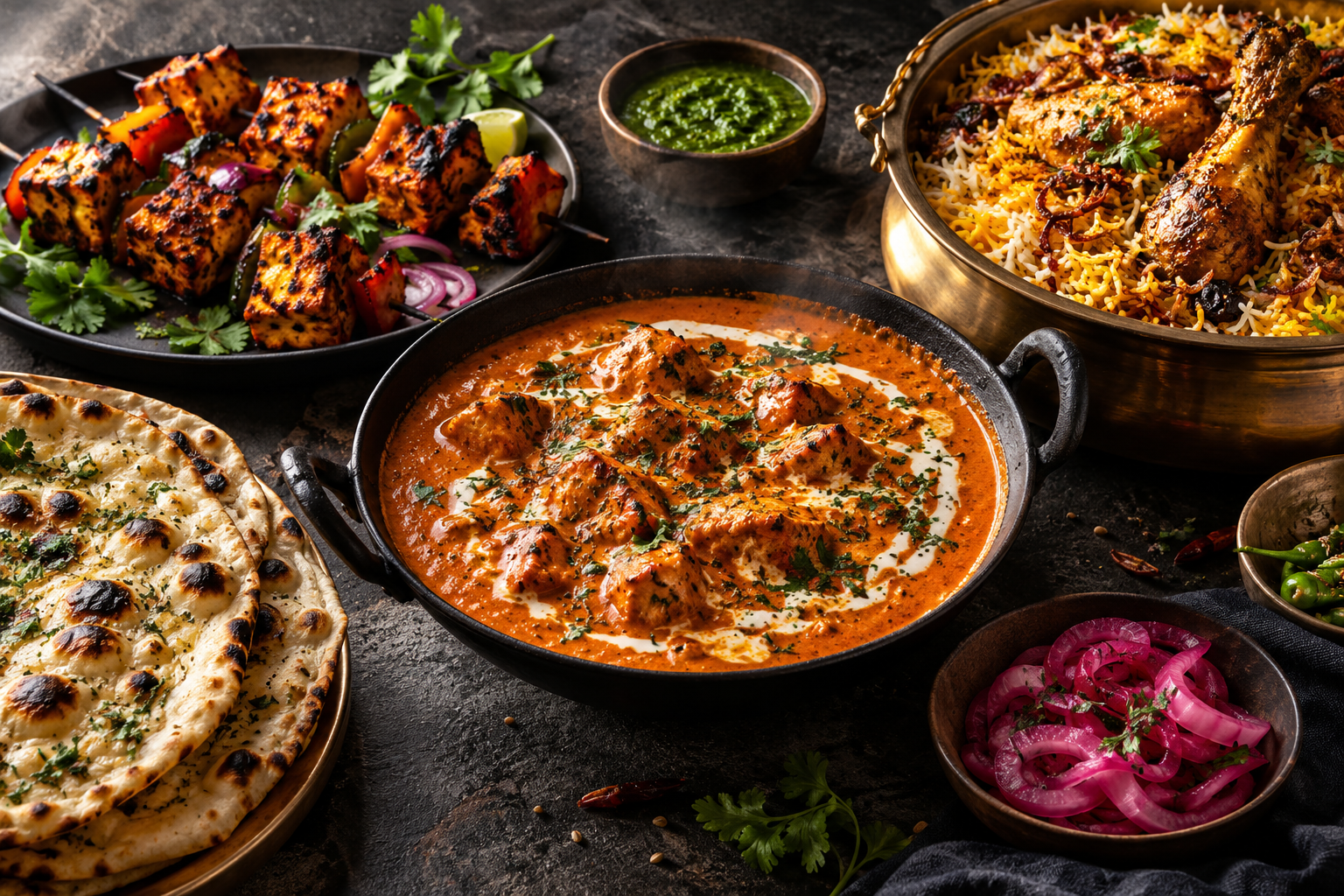 A dramatic Indian feast with butter chicken, paneer tikka, biryani and garlic naan