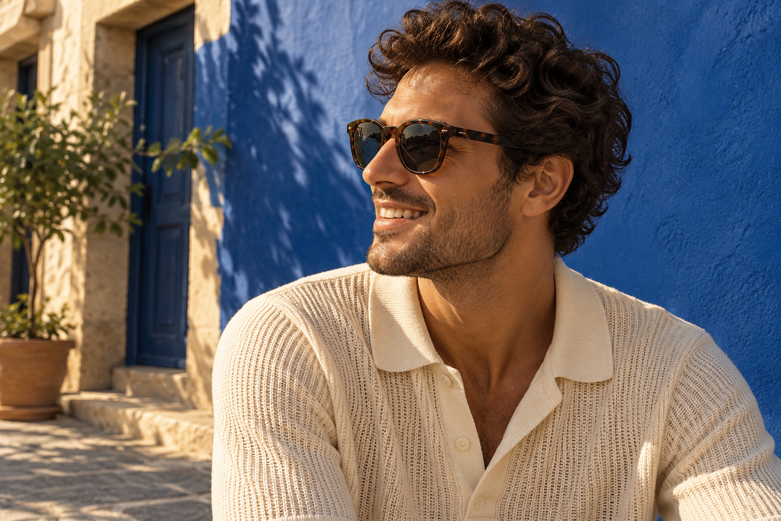 Man wearing tortoiseshell sunglasses beside a blue wall