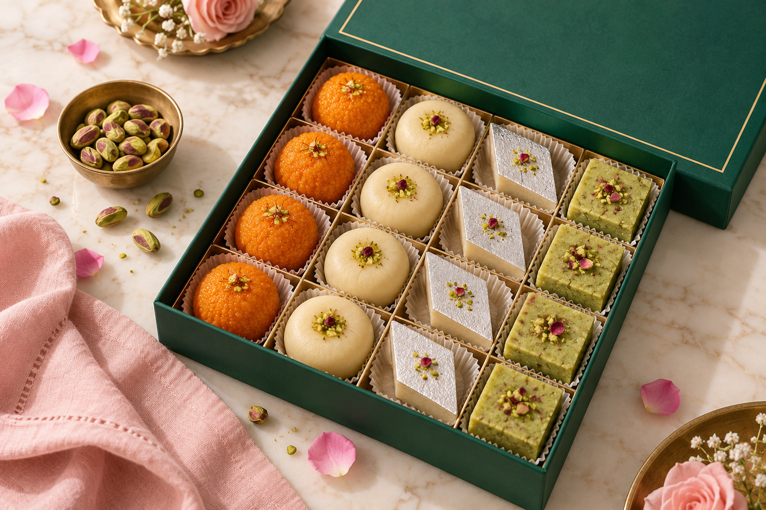 An emerald gift box filled with an assortment of traditional South Asian sweets