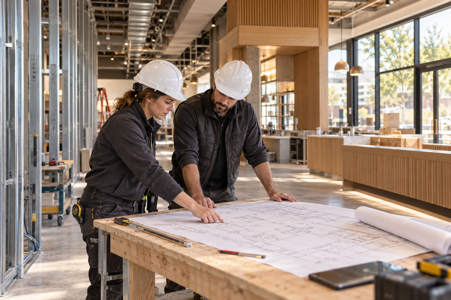 Construction professionals reviewing drawings inside a commercial fit-out