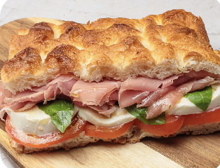 Focaccia sandwich with cured meat, mozzarella, tomato and basil — supplied photograph