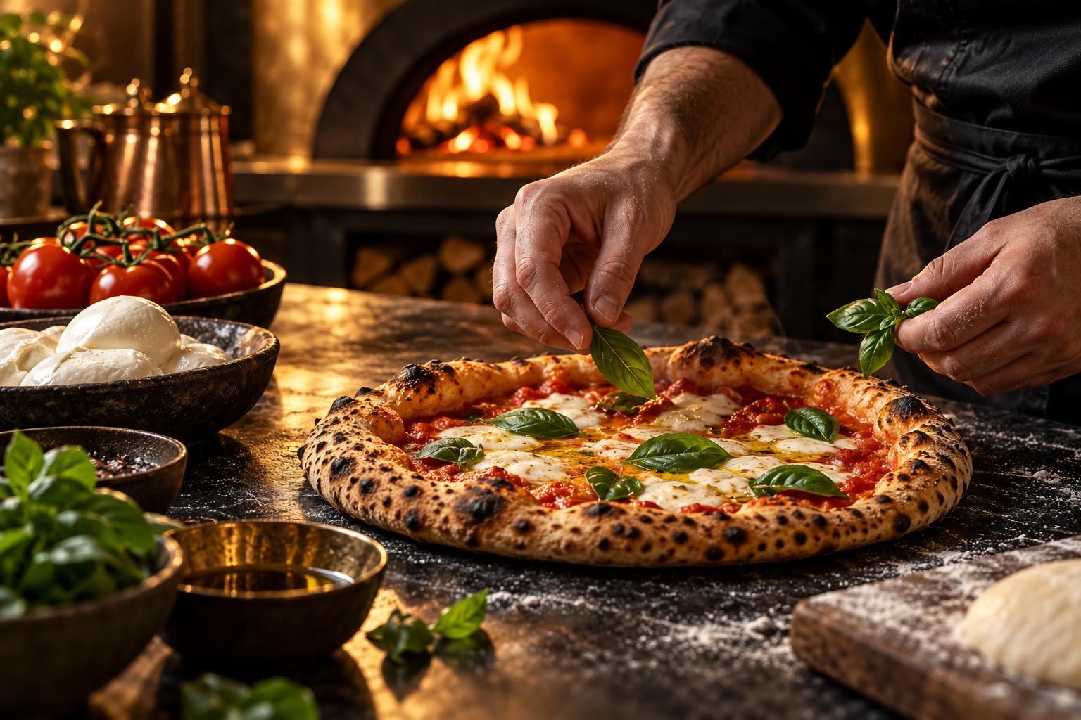 Illustrative Italian culinary experience with a chef preparing pizza