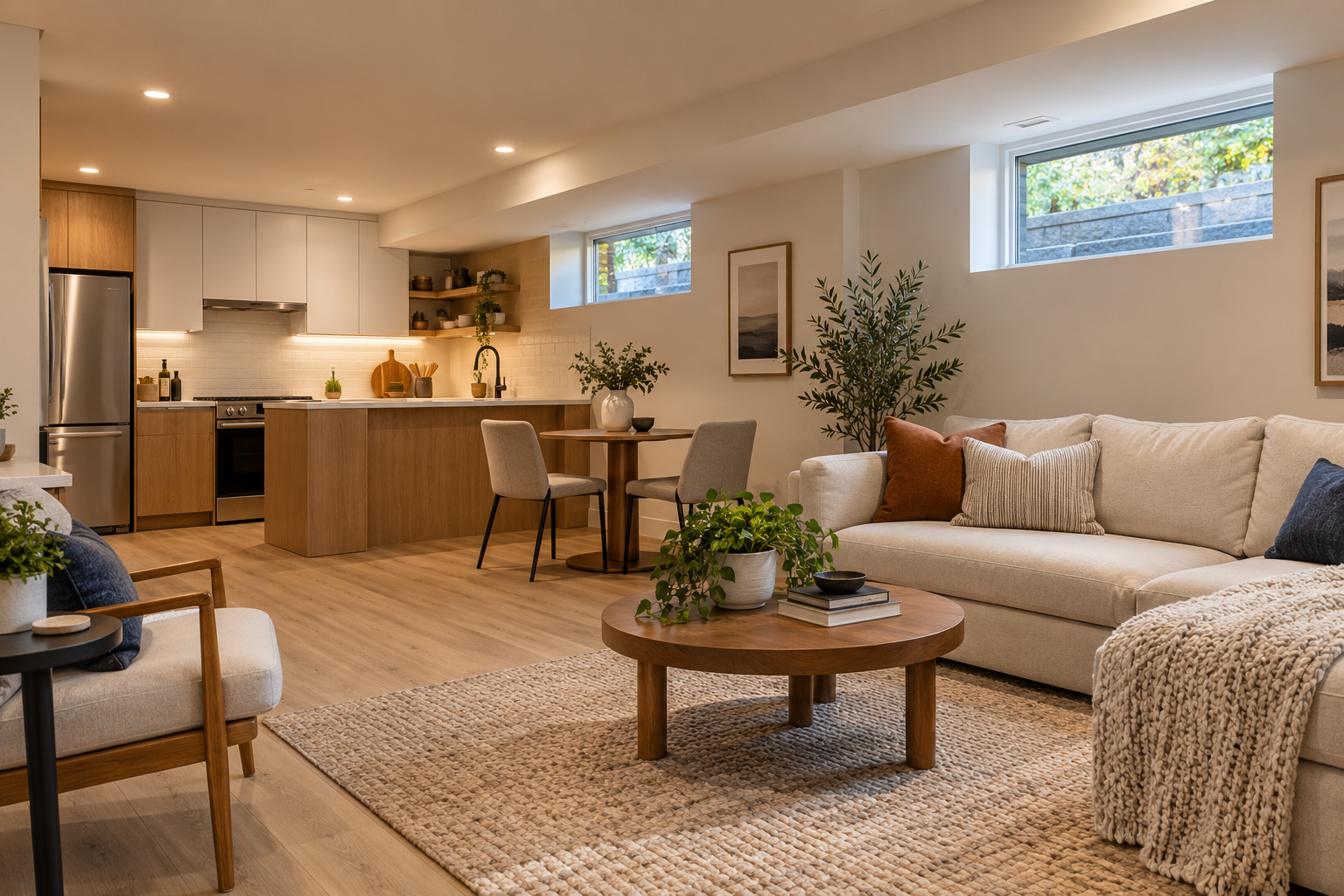 A contemporary basement suite concept with small high-set windows, a living area and compact kitchen