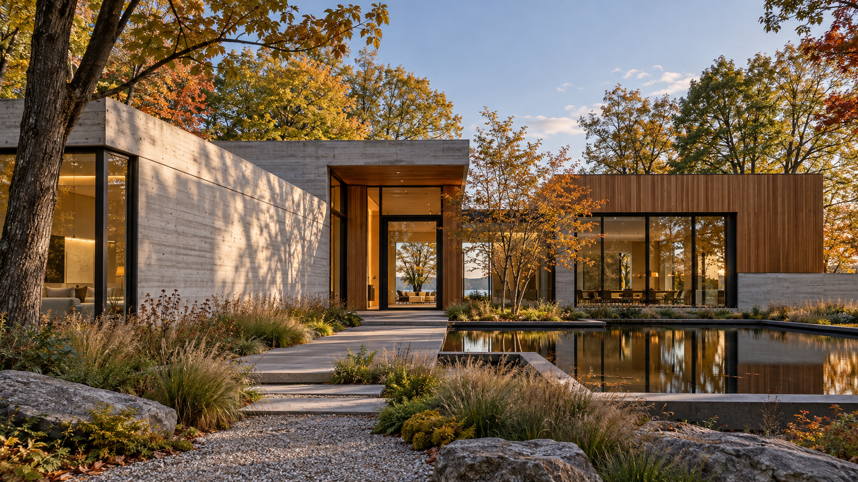 Low concrete and cedar courtyard house among autumn trees
